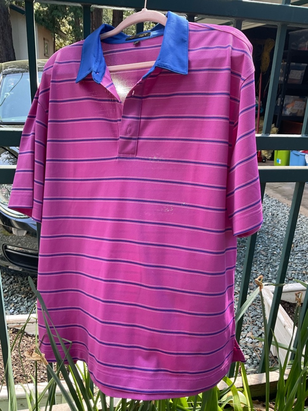 7-2026-Men's Magenta Striped Polo with Blue Contrast Collar..large